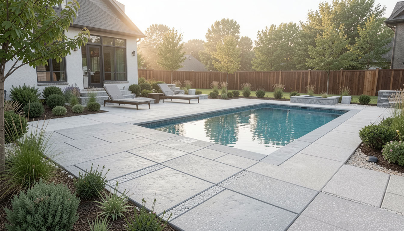 Beautiful modern residential pool deck and surrounding patio in stamped concrete — clean minimalist landscaping, soft morning light, premium custom home setting in Indianapolis with decorative coping and walkways