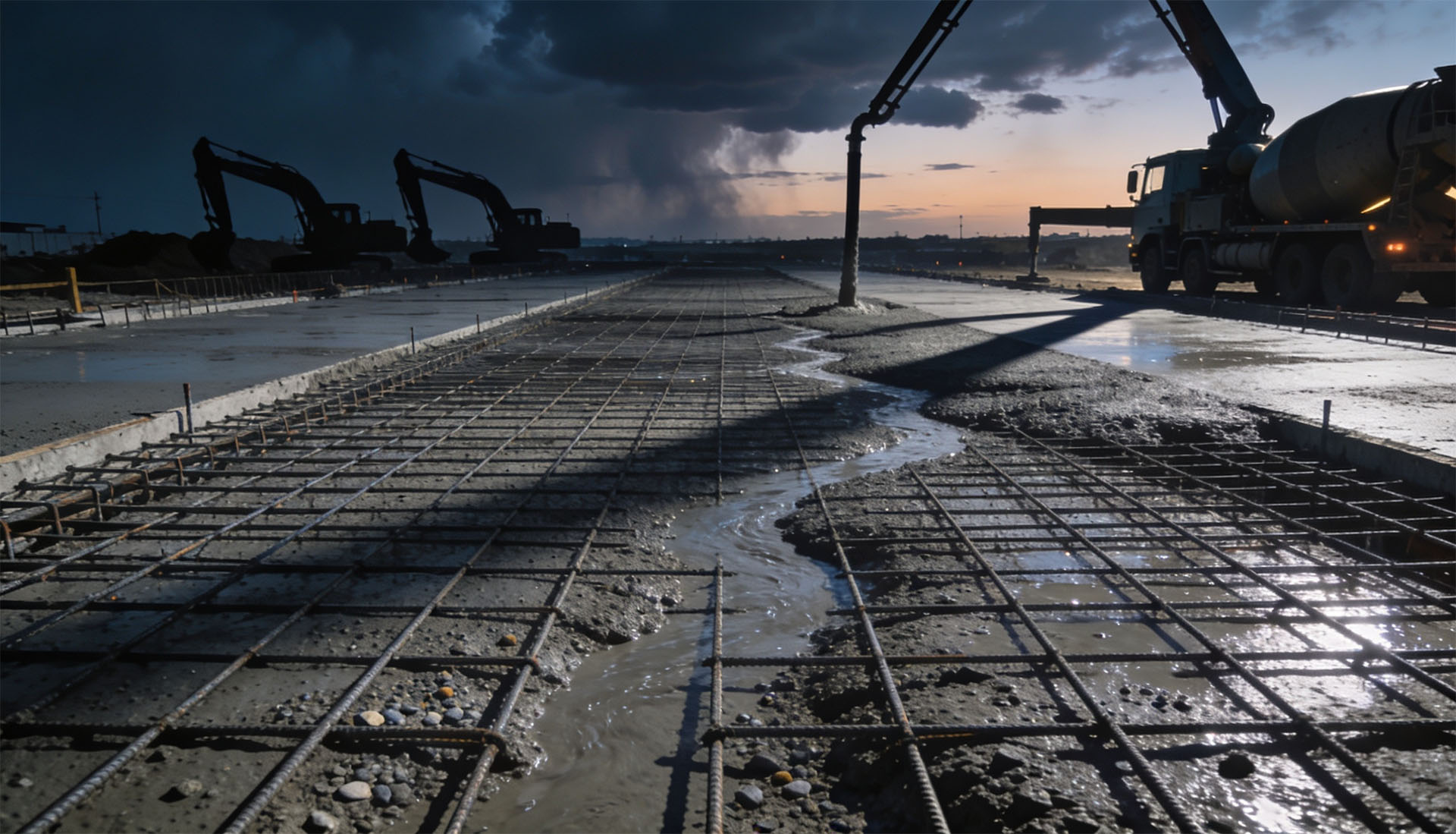 Dramatic wide-angle photo of a large commercial concrete foundation being poured at dusk — heavy machinery silhouettes, steel rebar grids, raw concrete textures, moody industrial lighting