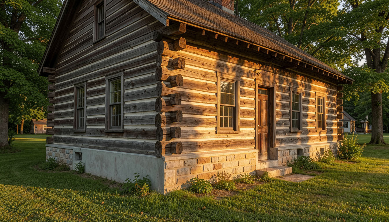 Historic wooden log cabin with newly restored masonry foundation set in a lush Pendleton, Indiana landscape — golden hour lighting casting warm shadows across old logs and the solid new concrete and stone base