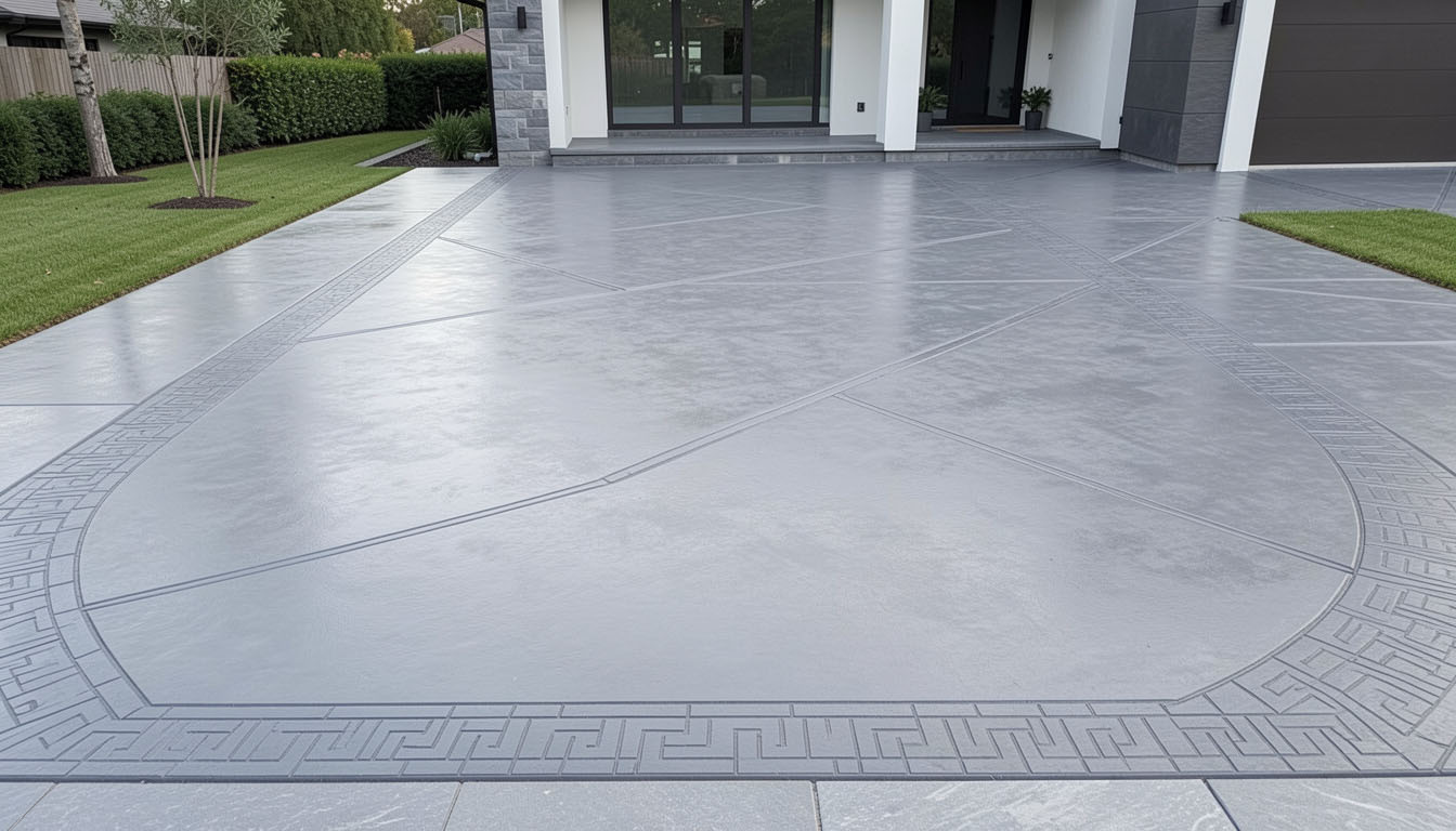 Wide-angle shot of a perfectly smooth polished stamped concrete driveway and patio at a modern custom home — slate grey finish with decorative border pattern, soft natural daylight highlighting the flawless surface texture